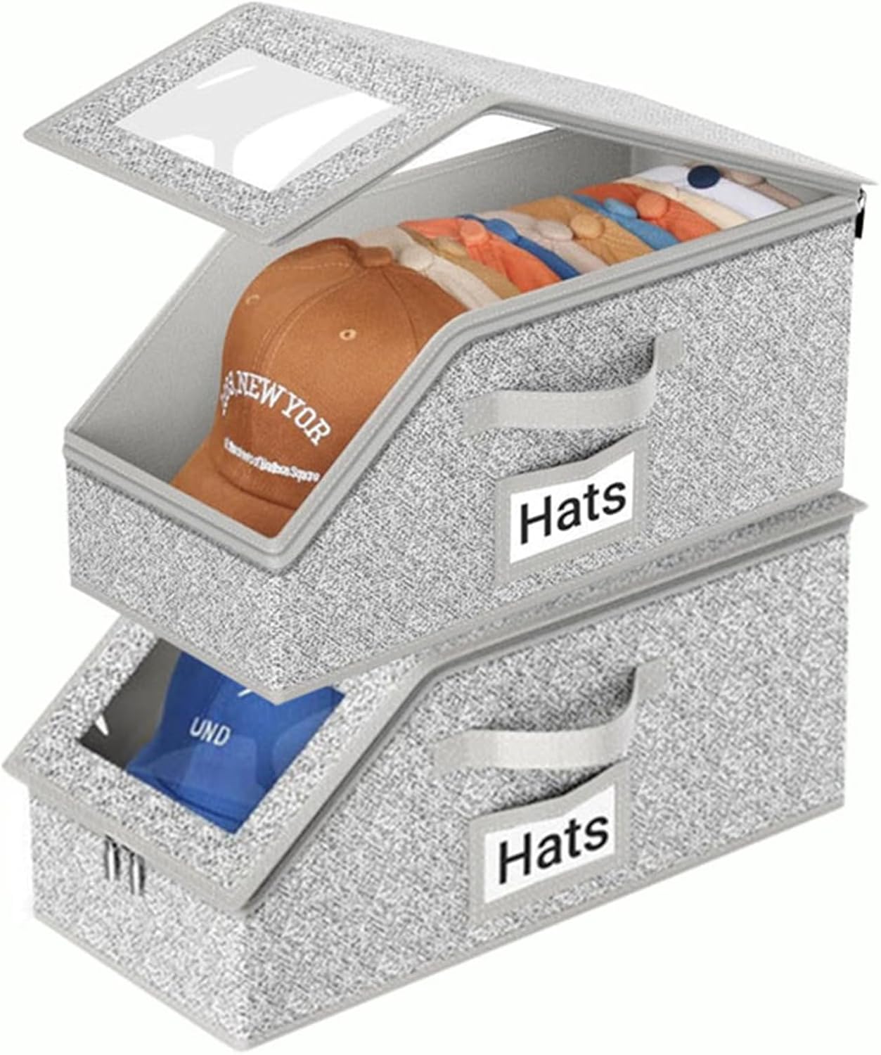 Waregami Stackable Hat Organizer, Stackable Baseball Cap Organizers – Holds 12 Hats per Pack, Foldable, Dustproof, Large-Capacity Baseball Cap Storage Box with Zipper and Window (3pcs)