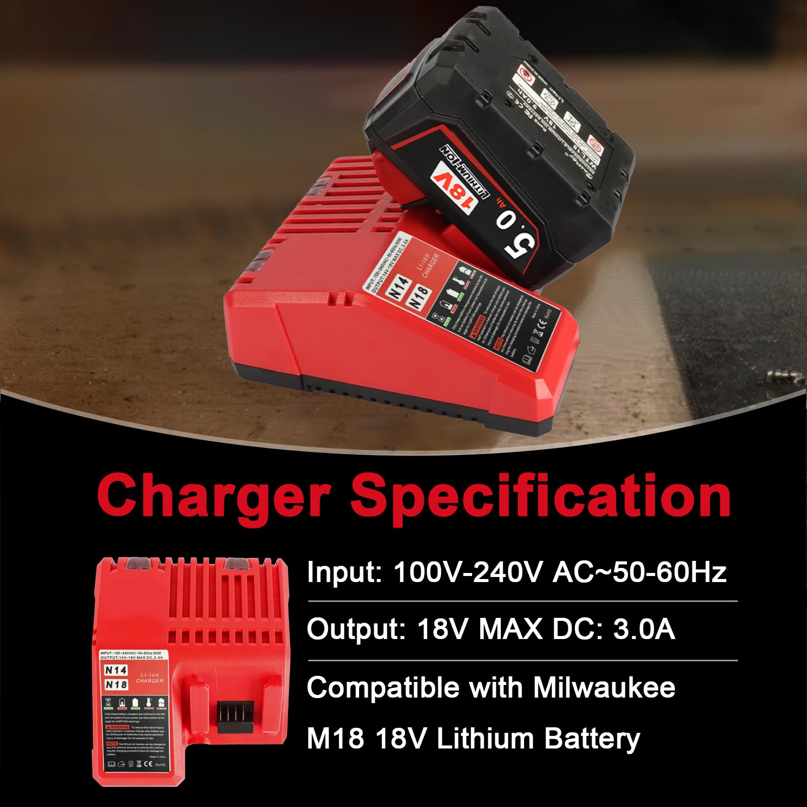 2x18V 5.0Ah Batteria Caricabatterie Kit Compatibile Con Milwaukee | Caricabatterie Rapido M18 compatibile con Milwaukee batterie 48-11-1815/1820/1828/1840/1850/1852/1860