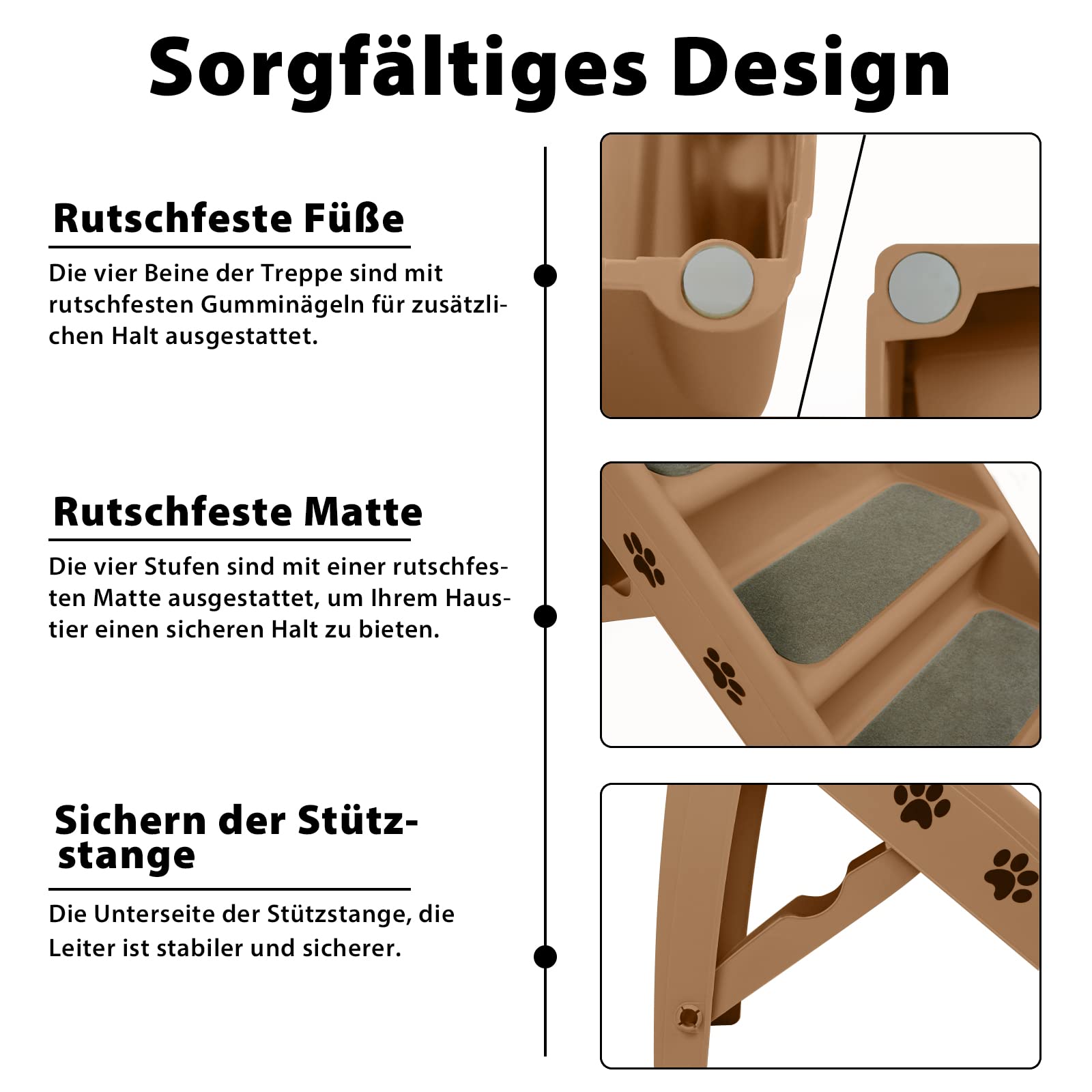 UISEBRT Dog Stairs, Foldable, 4 Steps, Pet Stairs with Non-Slip Mat and Support Bar, for Pets up to 75 kg, Brown
