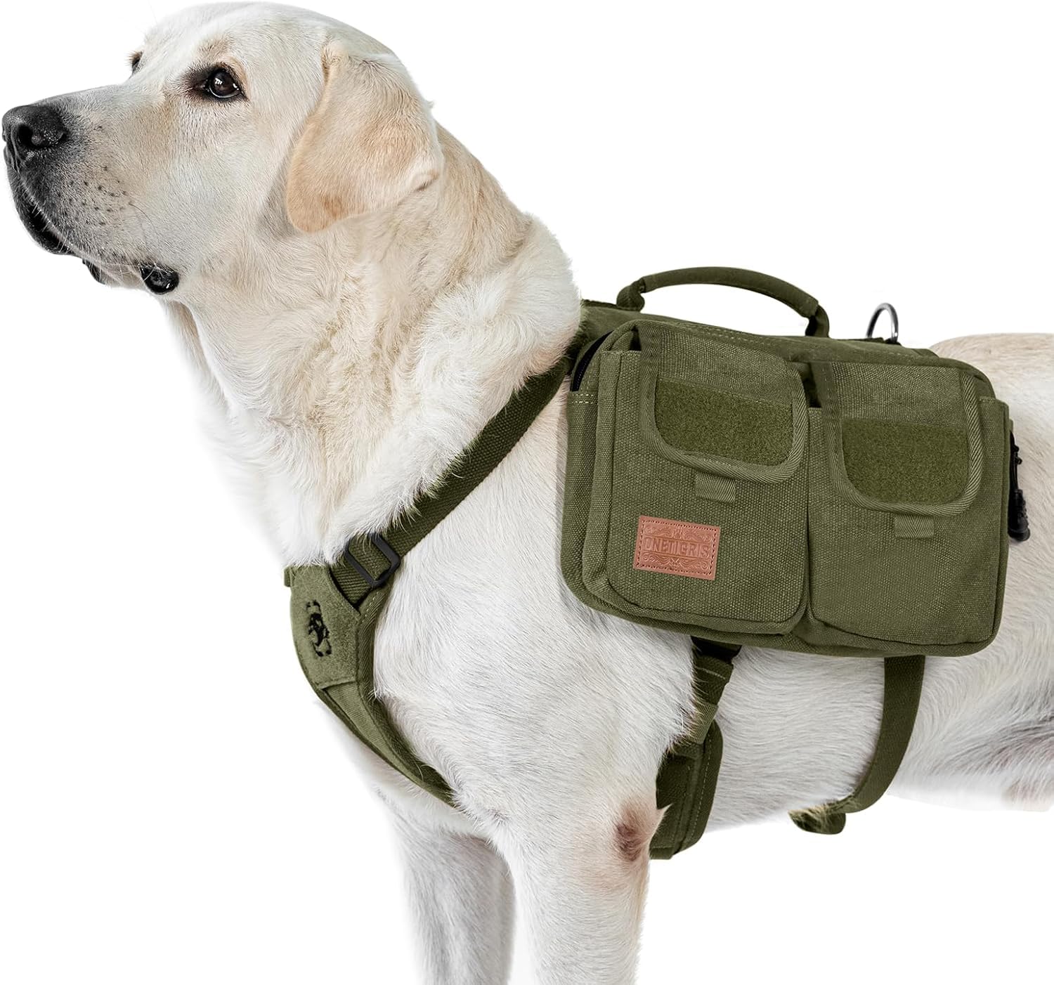 OneTigris Hoppy Camper 3.0, hondenharnas met tas voor camping en wandelen, rugzak voor middelgrote en grote honden, 2 hoofdvakken en 4 bijzakken, groen, M