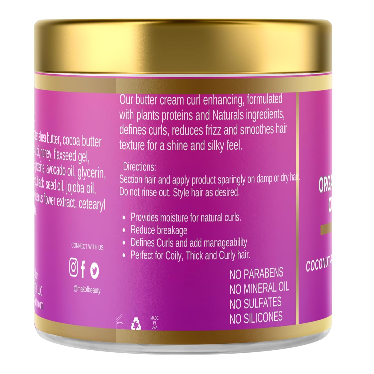 Organic Coconut Curl Enhancing Cream with Flaxseed, Black Castor Oil. Curls Detangler, Moisture-rich, Curl Revival Cream. Anti-Frizz, Defines All Curl Types & textures. Sulfate & Parabens free. 8 oz - Image 3