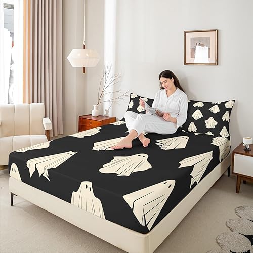 Miniatura 2 de Castle Fairy Sábana bajera ajustable con estampado de fantasmas de Halloween para niños, ropa de cama de tela decorativa suave, color negro,