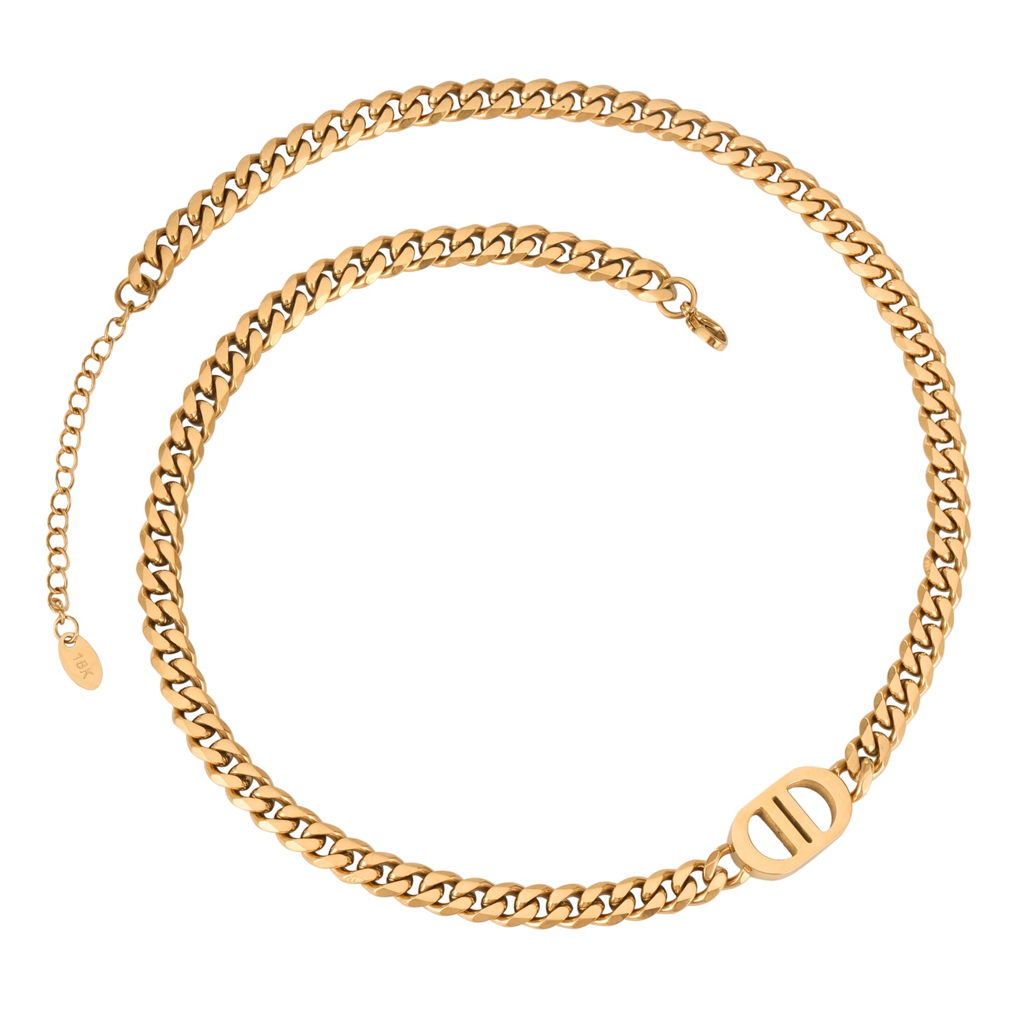 Womens 18K Real Gold Plated Initial Necklace Choker with Double D Letter, 6mm 316L Stainless Steel Cuban Link Chain Bracelet, Birthday Valentine's Day & Mother's Day Gift(Delicate Packing for Christmas)