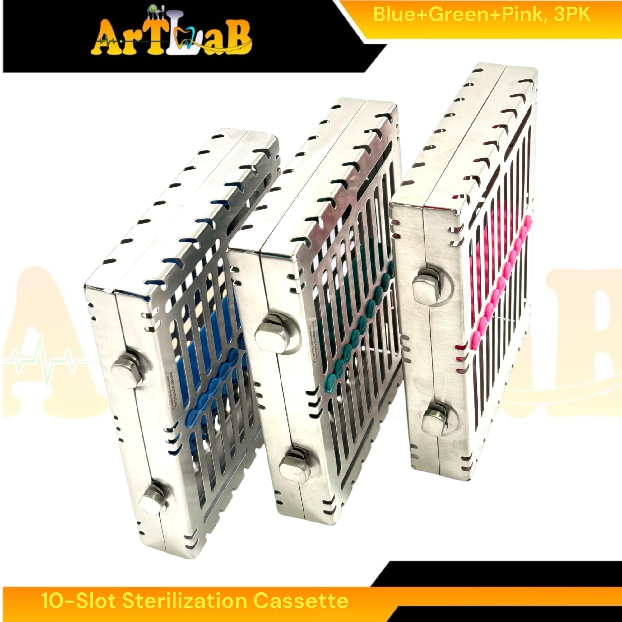 Double-Button Detachable Lid Sterilization Autoclave Cassettes, for 10 Instruments, Dental & Veterinary, Blue+Green+Pink (Pack of 3)