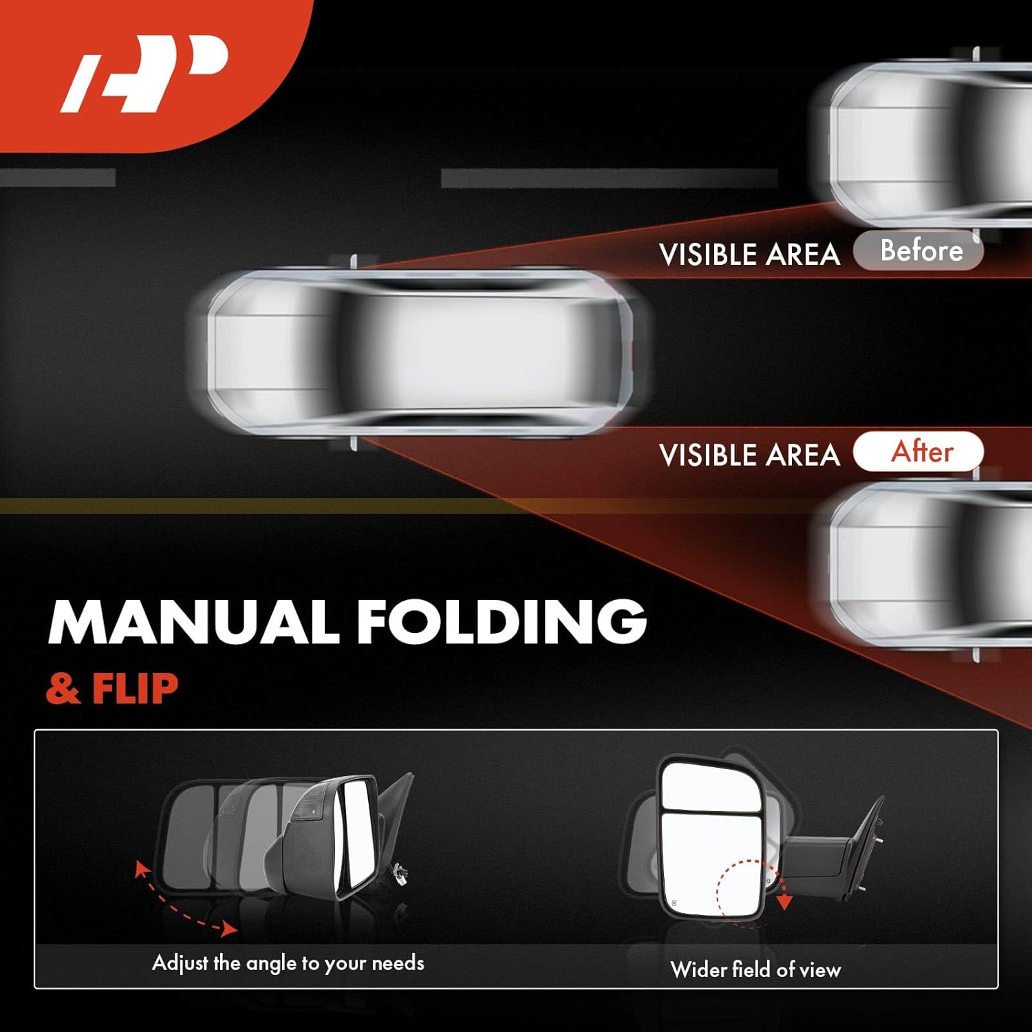 A-Premium Towing Mirrors Compatible with Ram 1500, 1500 Classic, 2500, 3500 - Manual Folding Heated Flip Black - with Power Glass Turn Signal Puddle Light Temperature Sensor - Pair Set