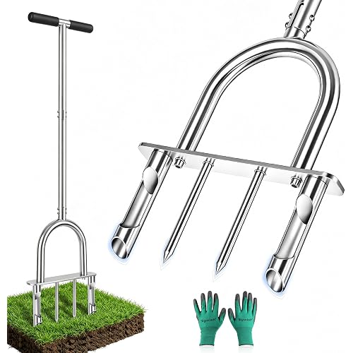 Bigwish Manual Lawn Core Aerator Tool with 2 Hollow Tines & 2 Spikes, Adjustable Semi-Assembled Plug Aerator, Stainless Steel Grass Aerator for Lawn Care, Garden & Yard, Relieves Compacted Soil