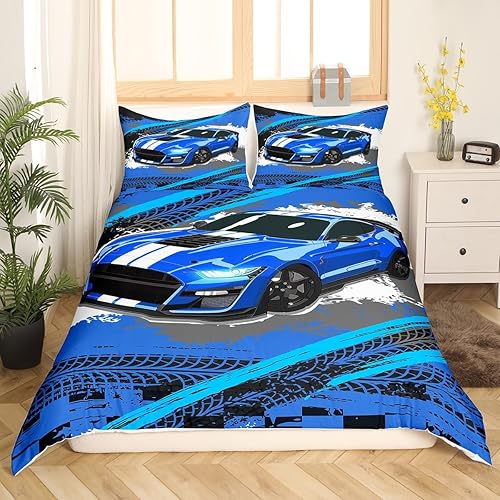 Funda de edredón azul para niños y hombres, juego de ropa de cama de auto de carreras de graffiti tamaño matrimonial, funda de edredón de pista de