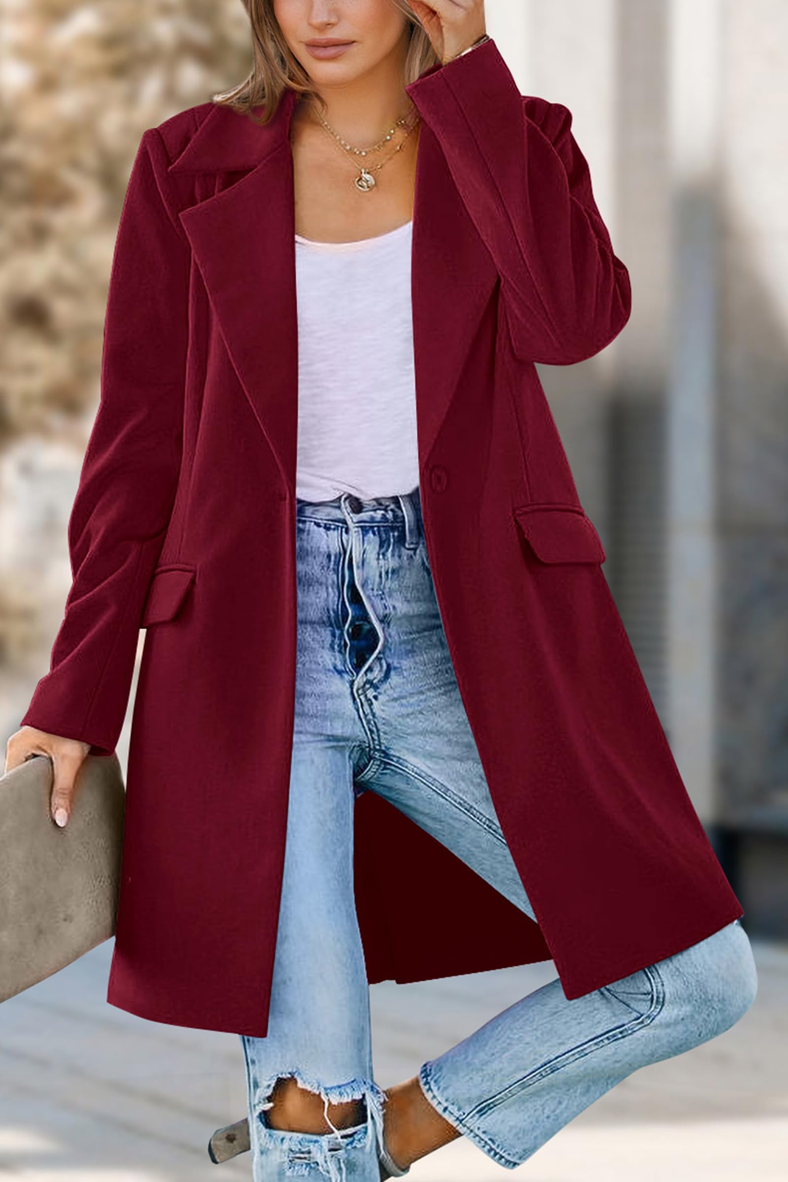 PRETTYGARDEN Women's Business Casual Long Blazer Jackets(Wine Red,S) view 7