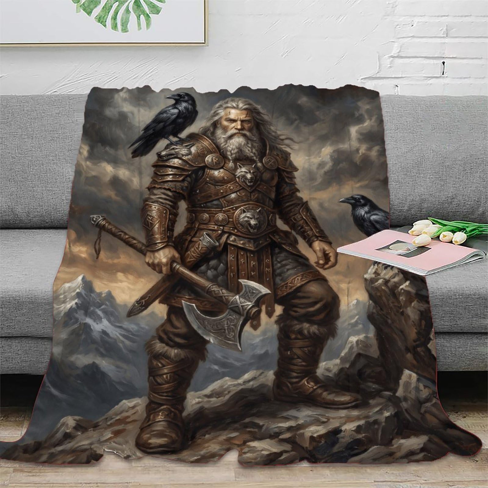 W7C8U2X3 Norse Mythology Odin Throw Blanket, Flannel, Raven Symbol Design