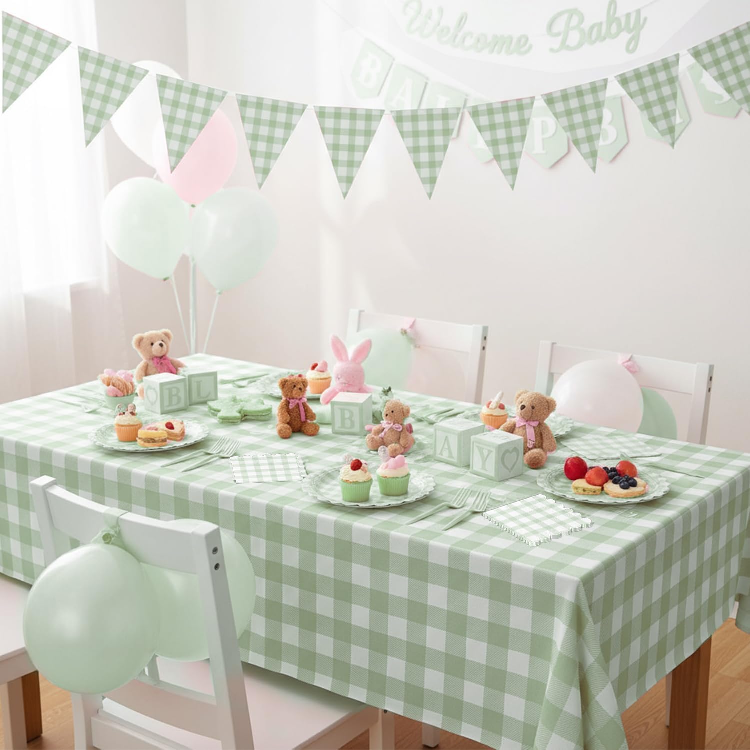 102 PCS Sage Green Gingham Party Supplies - Scalloped Plates, Napkins, Cups, Forks, Banner, Gingham Tablecloth for Baby Shower, Wedding, Birthday, Serves 25 - Image 5