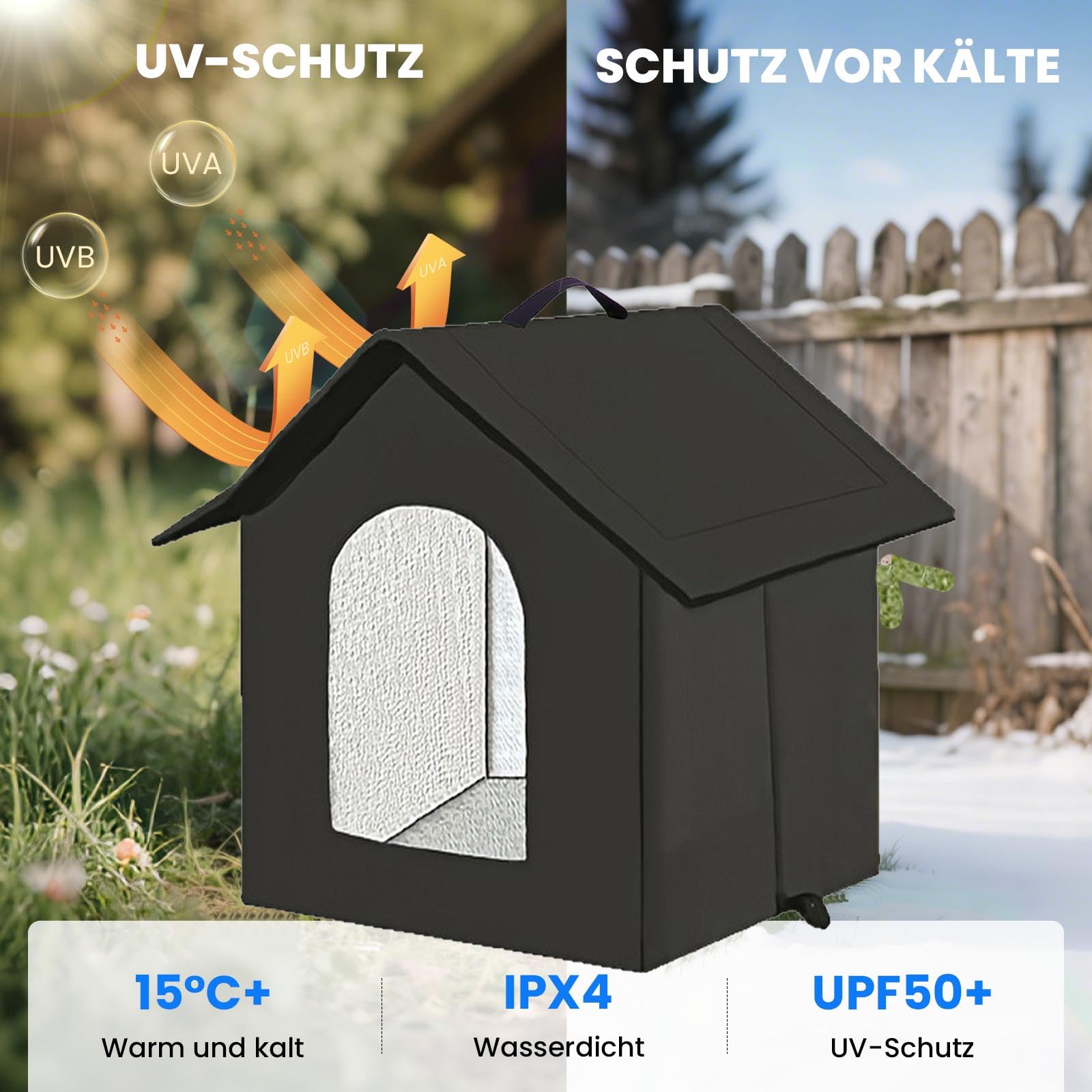 Casetta per gatti e cuccioli di cani per esterni, impermeabile, resistente all’inverno, con tenda trasparente rimovibile (L, nero 1)