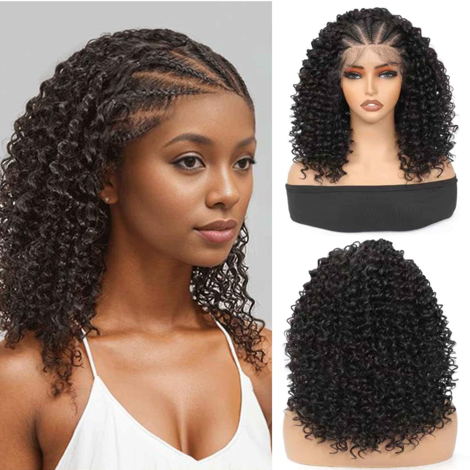 Curly Braided Wigs Box Braids Wigs with Baby Hair 13x4 HD Lace Front Synthetic Lightweight Fully Handmade Braided Wig Natural Color 2# (16 Inch)