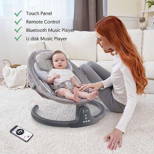 Miniatura 3 de Columpio de bebé Bluetooth para bebés, columpio compacto y portátil, 3 posiciones de asiento, 5 velocidades de columpio, 10 música, control remoto,