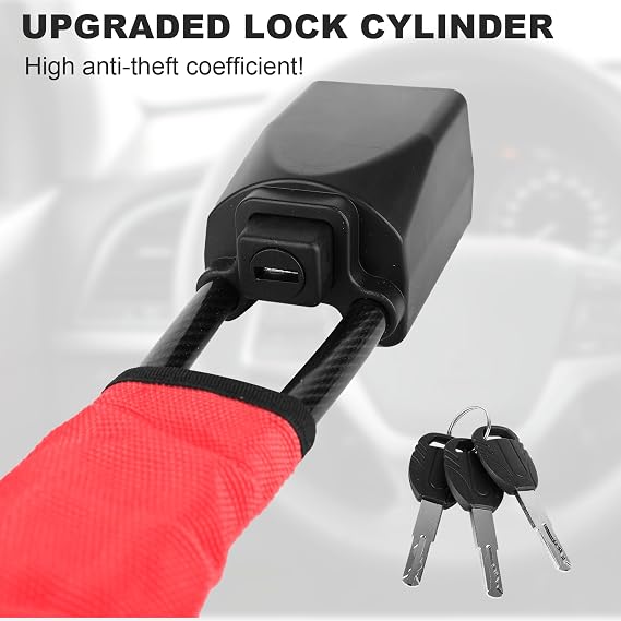 Steering Wheel Lock to Seat Belt with 3 Keys, Car Lock Steering Wheel Anti-Theft Device, High Visibility Cut-Resistant for Cars SUV Van Truck, Red