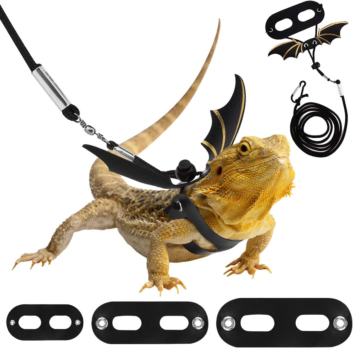 Pet Harness, 3 Leather Bearded Dragon Lizard Harness Hammock Set, Adjustable Outdoor Harness Lead for Small Pets, Lizard Reptiles - Black + Gold