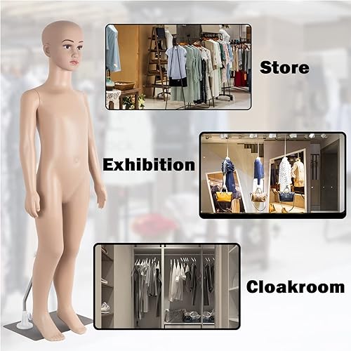 Miniatura 4 de Maniquí Infantil de Cuerpo Completo Realista Ajustable Desmontable de 43.3" de Altura, Cabeza de Exhibición Giratoria, Forma de Vestido con Base