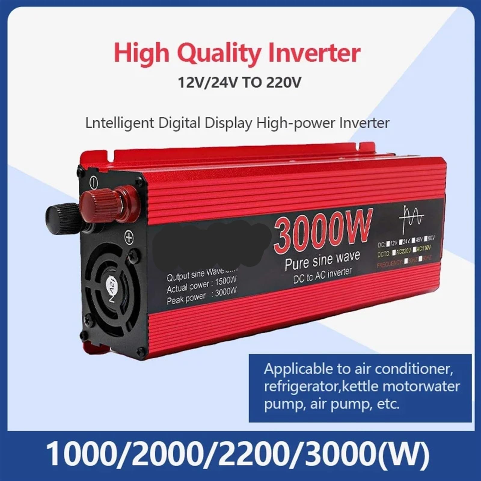 Inverter Solare, Inverter di potenza 1000W 2000W 2200W 3000W Convertitore di tensione di trasferimento di onda sinusoidale pura da batteria CC a CA(1000W)