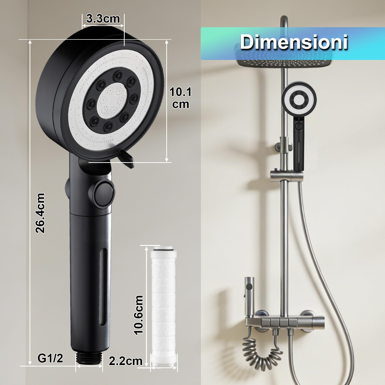 Soffione Doccia Nero Alta Pressione con 4 PP Filtro, 5 Modi | Doccino doccia alta pressione filtra cloro residuo, batteri, metalli pesanti altro, universale g1/2, funzione arresto