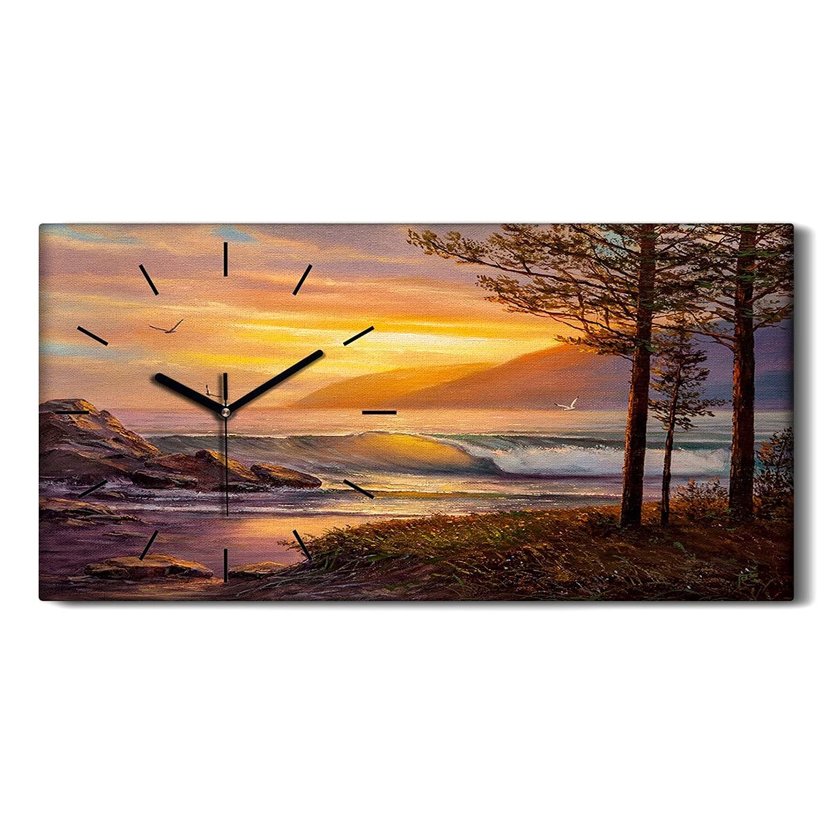 Horloge sur Toile Art Moderne Côte Arbres Sea Waves Sunset 60x30