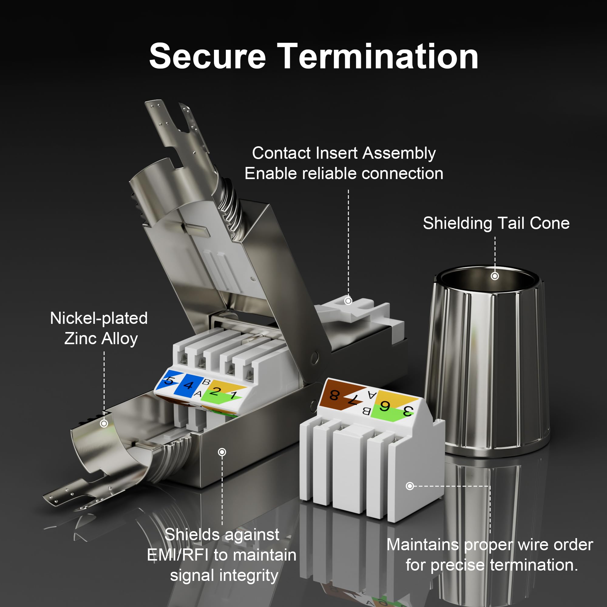 Syston - Connettori RJ45 Cat 8, confezione da 8 pezzi, connettori per cavo Ethernet, estremità Cat8, connettori Ethernet RJ45, connettori di rete, terminali placcati oro 50u, argento