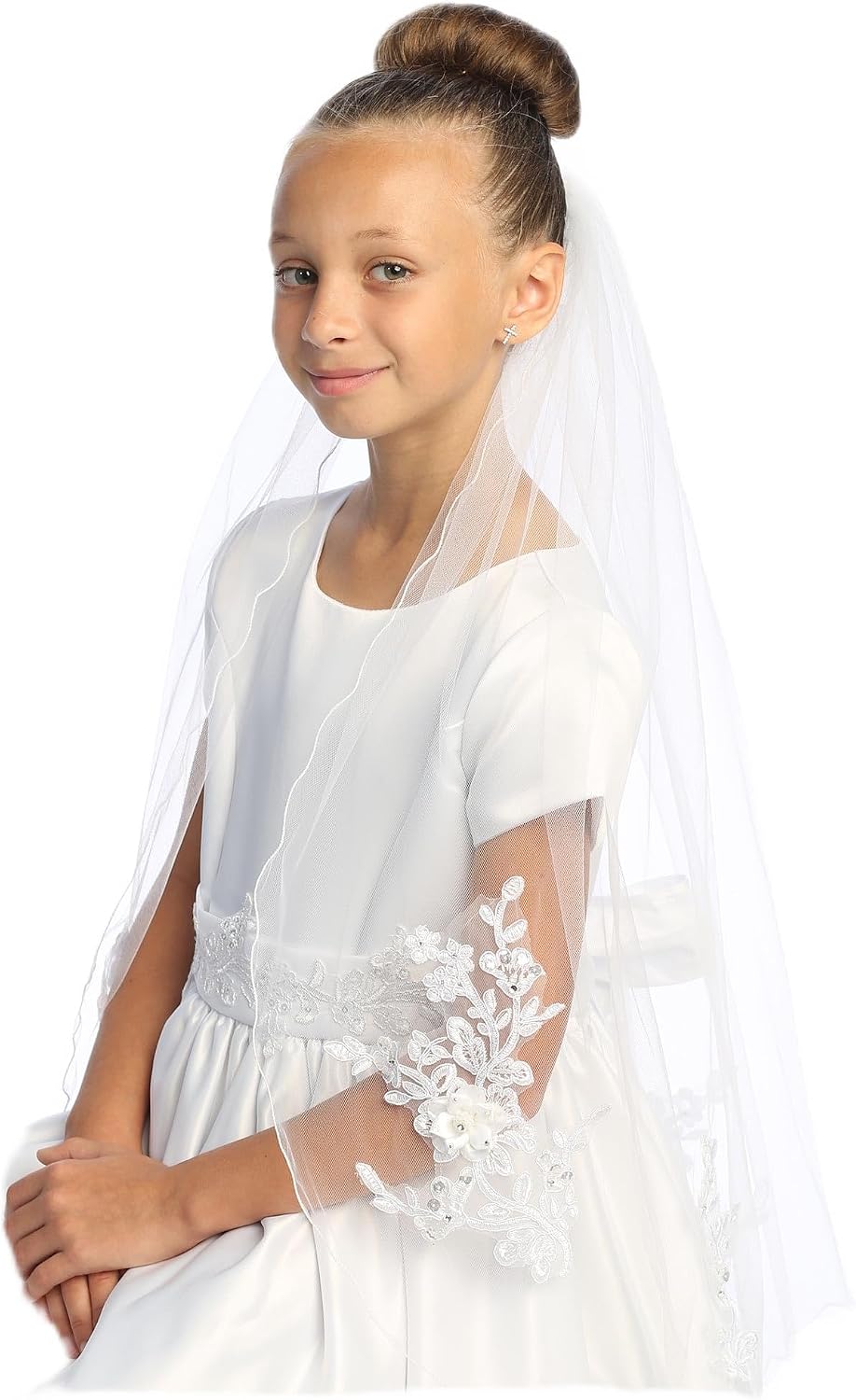Pink Princess First Communion Veil for Girls 7-16 w/Appliques - 1st Holy Catholic Velos para Niñas de Primera Comunion