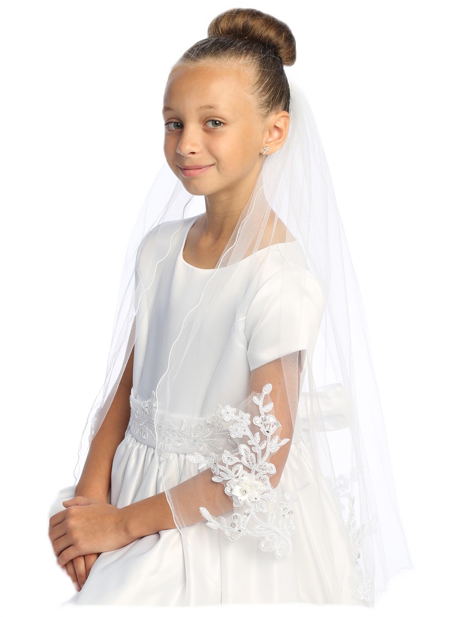 Pink Princess First Communion Veil for Girls 7-16 w/Appliques - 1st Holy Catholic Velos para Niñas de Primera Comunion
