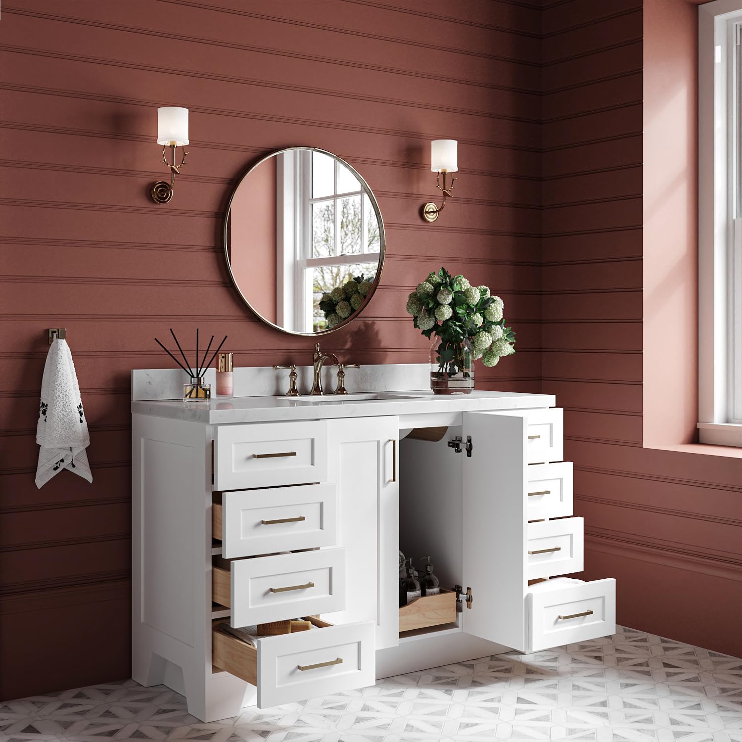 ARIEL Taylor 54-inch Bathroom Vanity with Sink,Solid Wood, 1.5-inch Carrara White Quartz Countertop & Backsplash, Single Rectangular Porcelain Sink, 2 Soft Closing Doors, 9 Dovetail Drawers, White