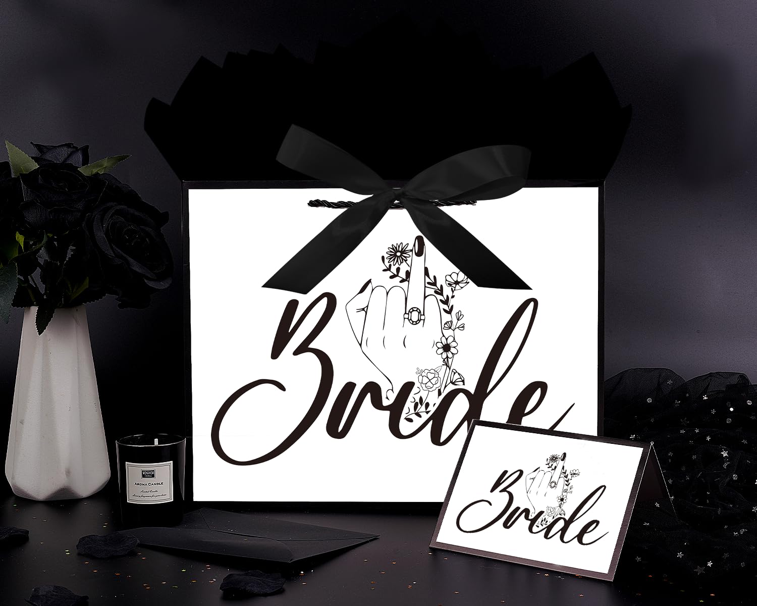Jaywayang 12.6" White and Black Bridal Shower Gift Bag with Ribbon and Tissue Paper, Wedding Gift Bags with Card, Gift ideas for Bachelorette Party, Engagement, Anniversary.