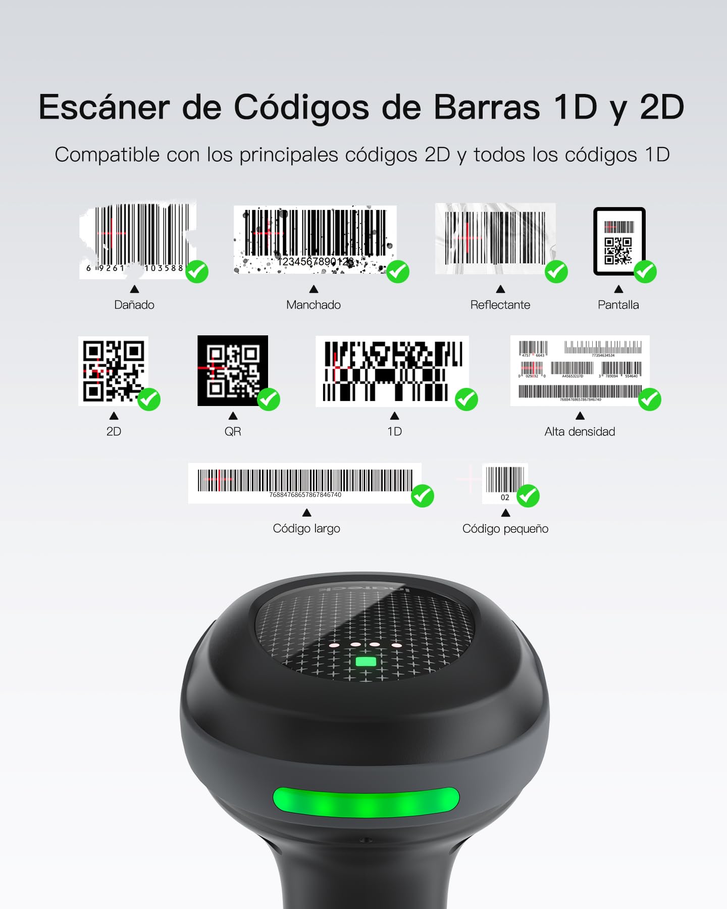Inateck Lector Código de Barras Inalámbrico 1MP 2D QR, Escáner Bluetooth con Base de Carga, 2 x 2000mAh Baterías Reemplazables para Almacén, Logística e Inventario