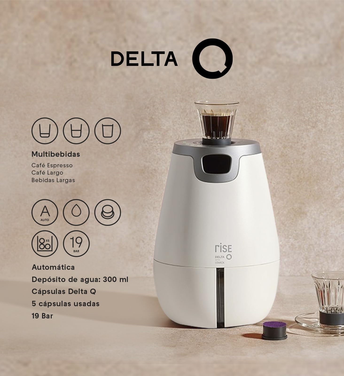 Delta Q | Cafetera Rise Blanco 19 Bares Extracción Inversa + 20 cápsulas | Incluye 20 Cápsulas Intensidad 14 + 10 Descafeinado, 6 Tazas Compatibles