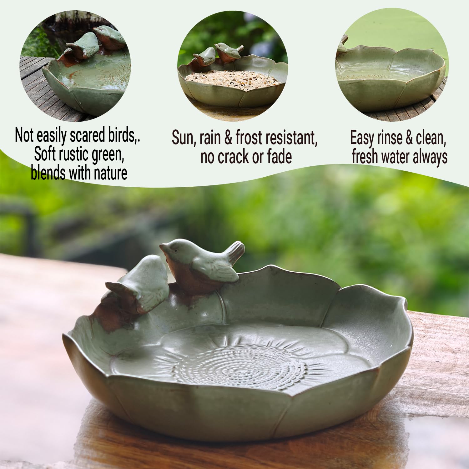 Baño de cerámica para pájaros para exteriores en el suelo, cuenco de baño para pájaros de 9.45 pulgadas, comederos de pájaros y baño para pájaros para exteriores, jardín, mesa, cubierta
