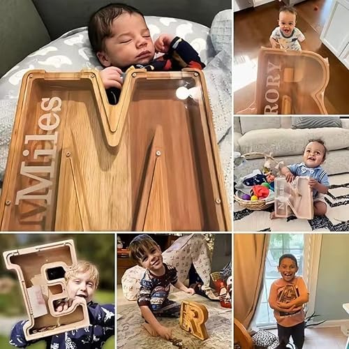 Miniatura 3 de Alcancía para niños y niñas, alcancía grande con 26 letras del alfabeto inglés, madera personalizada, caja de ahorro de dinero transparente, nombre