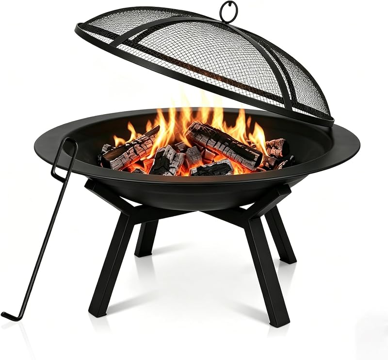 Brasero de leña para exteriores, brasero redondo de acero resistente para patio, camping, hoguera, acabado negro, con pantalla de malla contra chispas y gancho