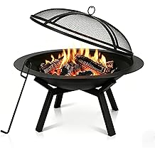 Outdoor Wood Burning Fire Pit, Heavy Duty Round Steel Fire Bowl for Backyard, Patio, Camping, Bonfire, Black Finish, with Mesh Spark Screen and Hook