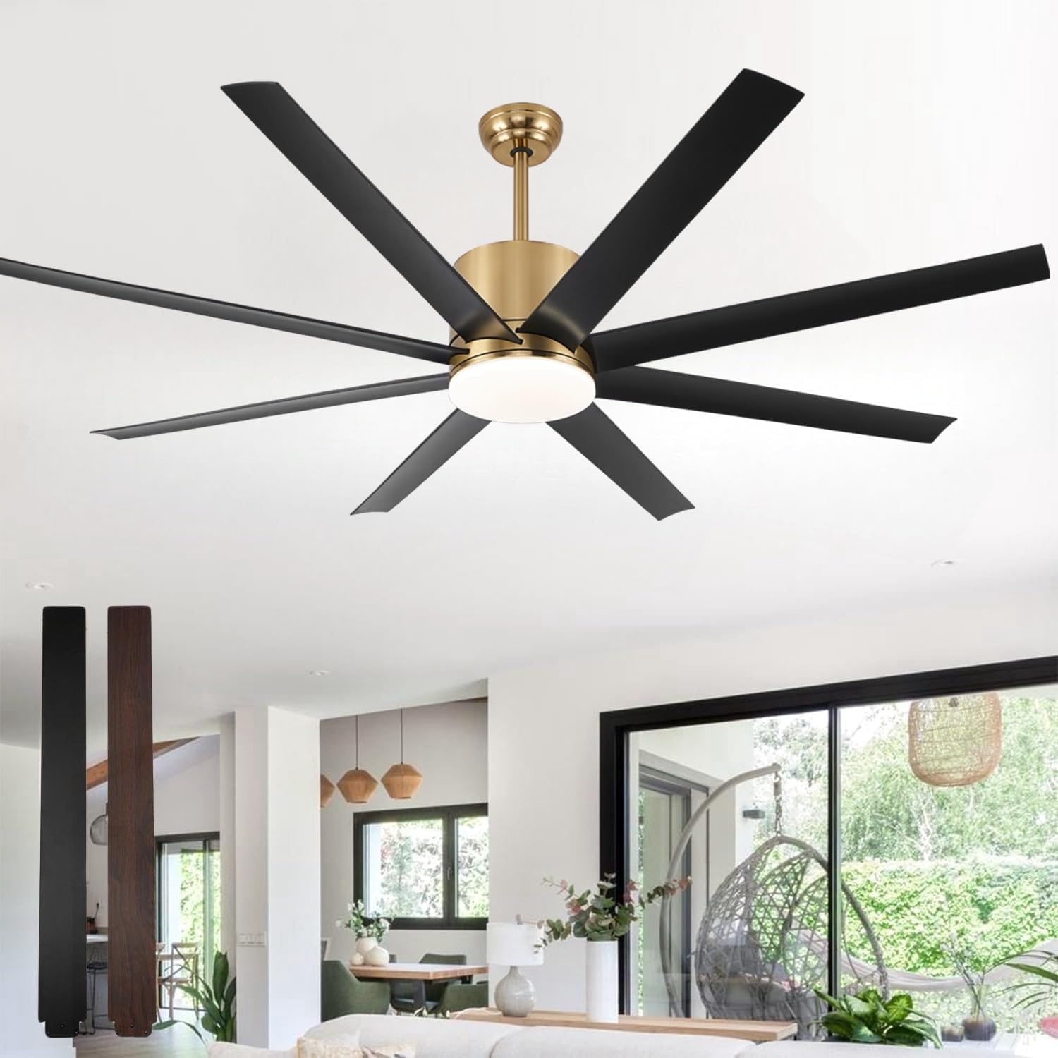 60 inch Ceiling Fan with Light, Large Ceiling Fan with Remote Outdoor Ceiling Fan Quiet DC Motor, 8 Blades, 6 Wind Speed, Dimmable and Quiet DC Motor for Bedroom Living Room- Black &Gold Gold 60 inch