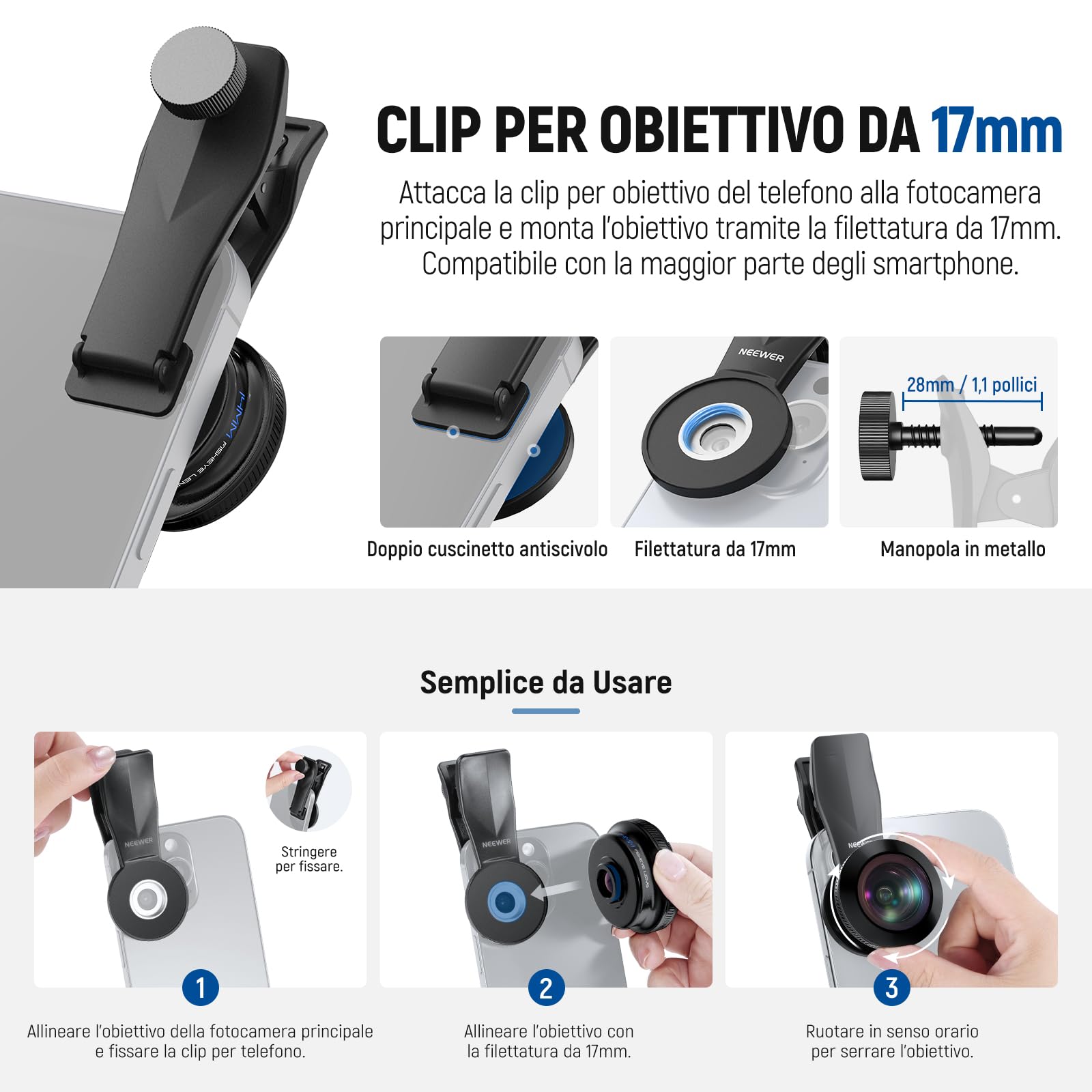 NEEWER Obiettivo Fish Eye VR da 14mm 170° con Clip Filettata da 17mm, Vista Panoramic Fisheye per Streaming, Paesaggi Esterni, Compatibile con iPhone 17 16 Pro Max Android S25 Ultra, LS-77