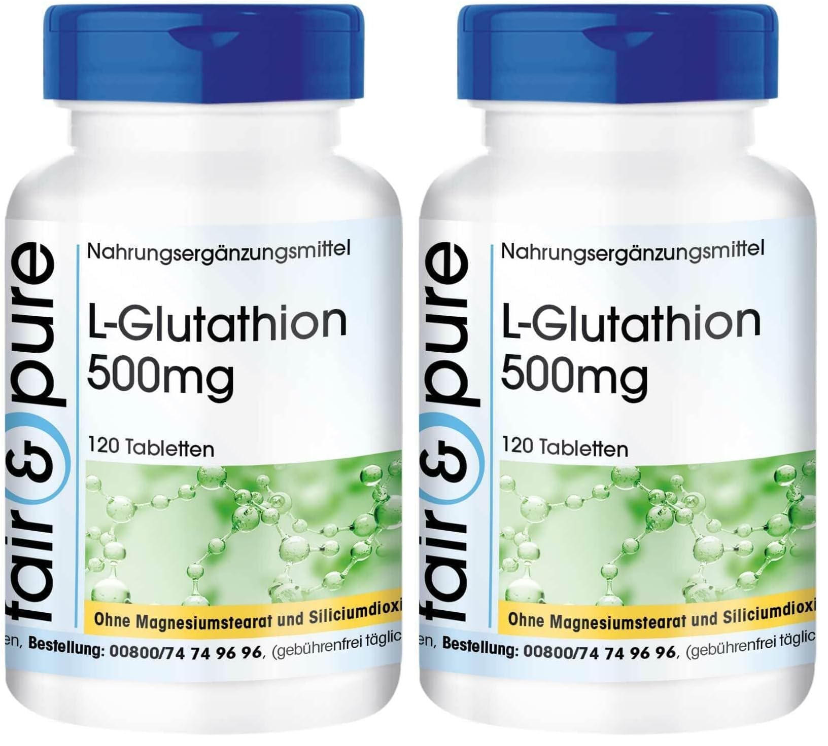 Fair & Pure L-Glutathion 500mg, 120 Tabletten, reduziert, hochdosiert, Nahrungsergänzungsmittel vegan ohne Magnesiumstearat, in Deutschland hergestellt (Packung mit 2)
