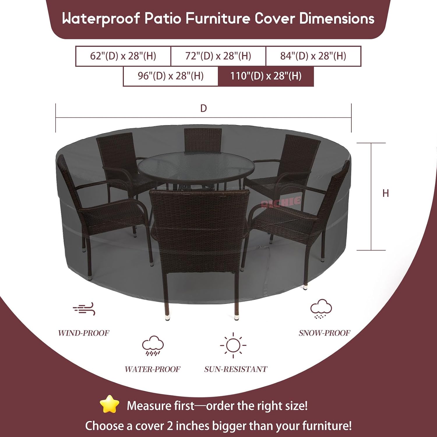 RICHIE Waterproof Round Patio Furniture Covers - 600D UV Resistant & Anti-Fading, All Weather Outdoor Table and Chairs Set Cover (110"DIAx28"H), Tear Resistant, Black