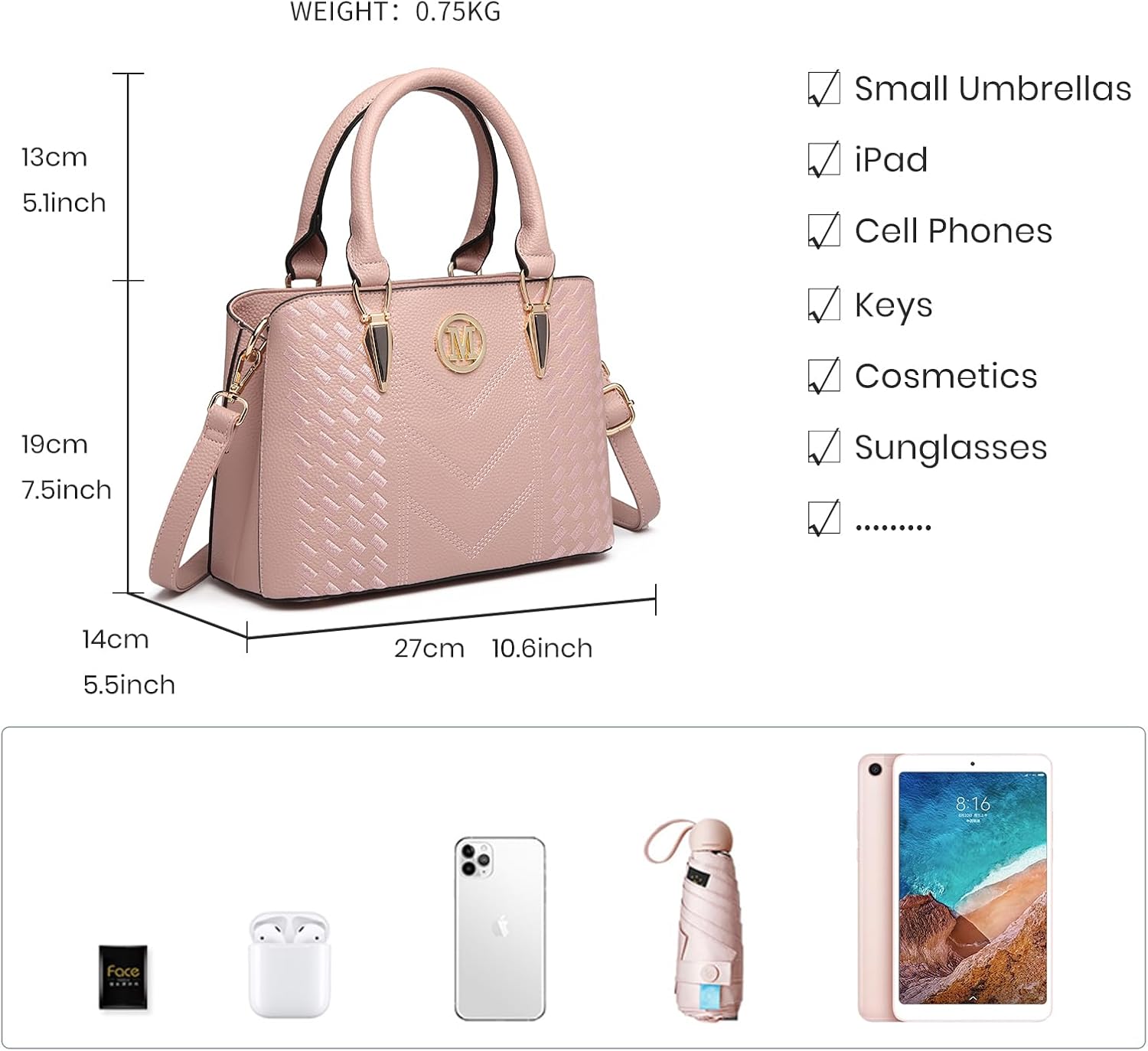 Miss Lulu Women's Medium Classic Handbag Shoulder Bag with Lychee Pattern Multiple Inner Pockets Shoulder Bag Work Leisure Everyday Bag 1-6 Pink