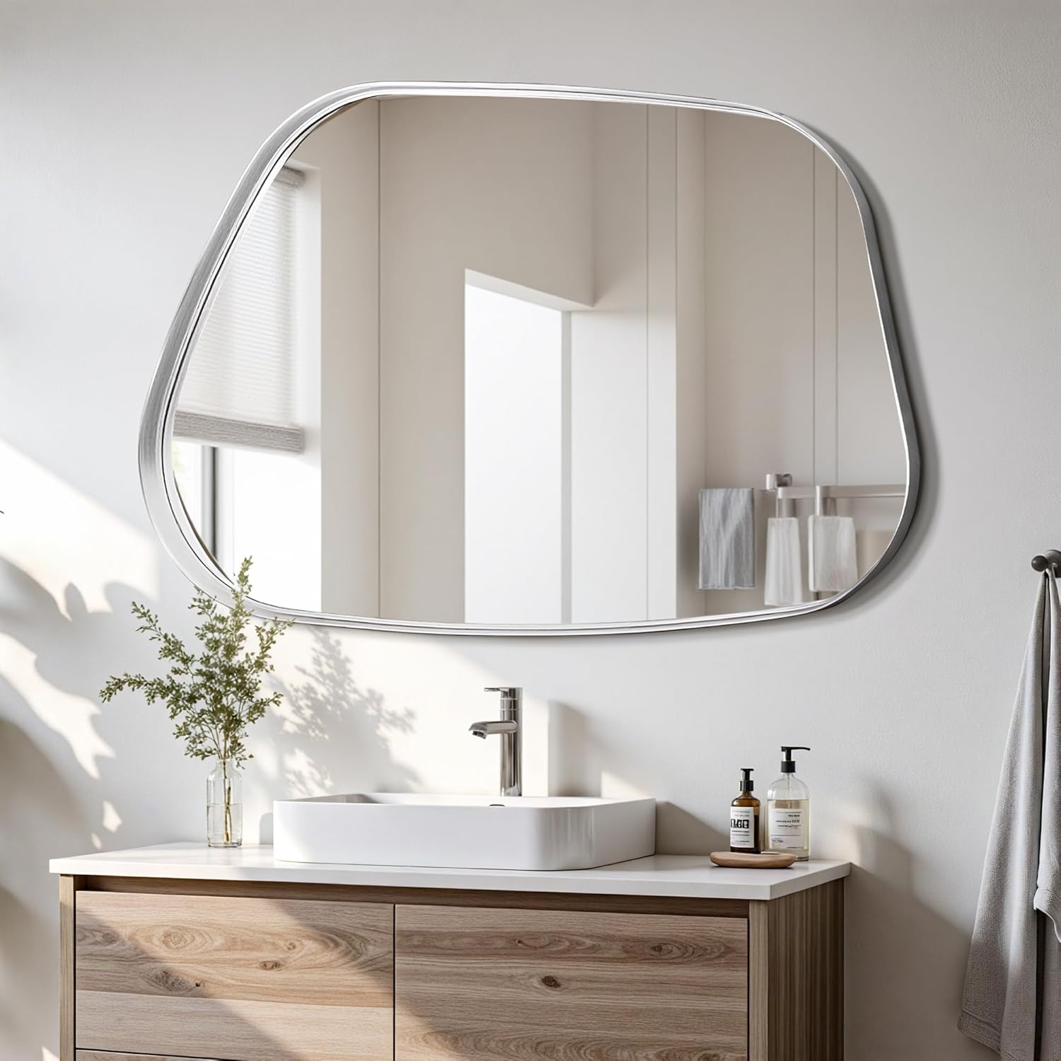 Irregular Wall Mirror 24"x36" Bathroom Mirrors Asymmetrical Artistic Decorative for Living Room Bedroom Bathroom Hallway Entryway,Trapezoid,Silver 36"L x 24"W Trapezoid Style Silver