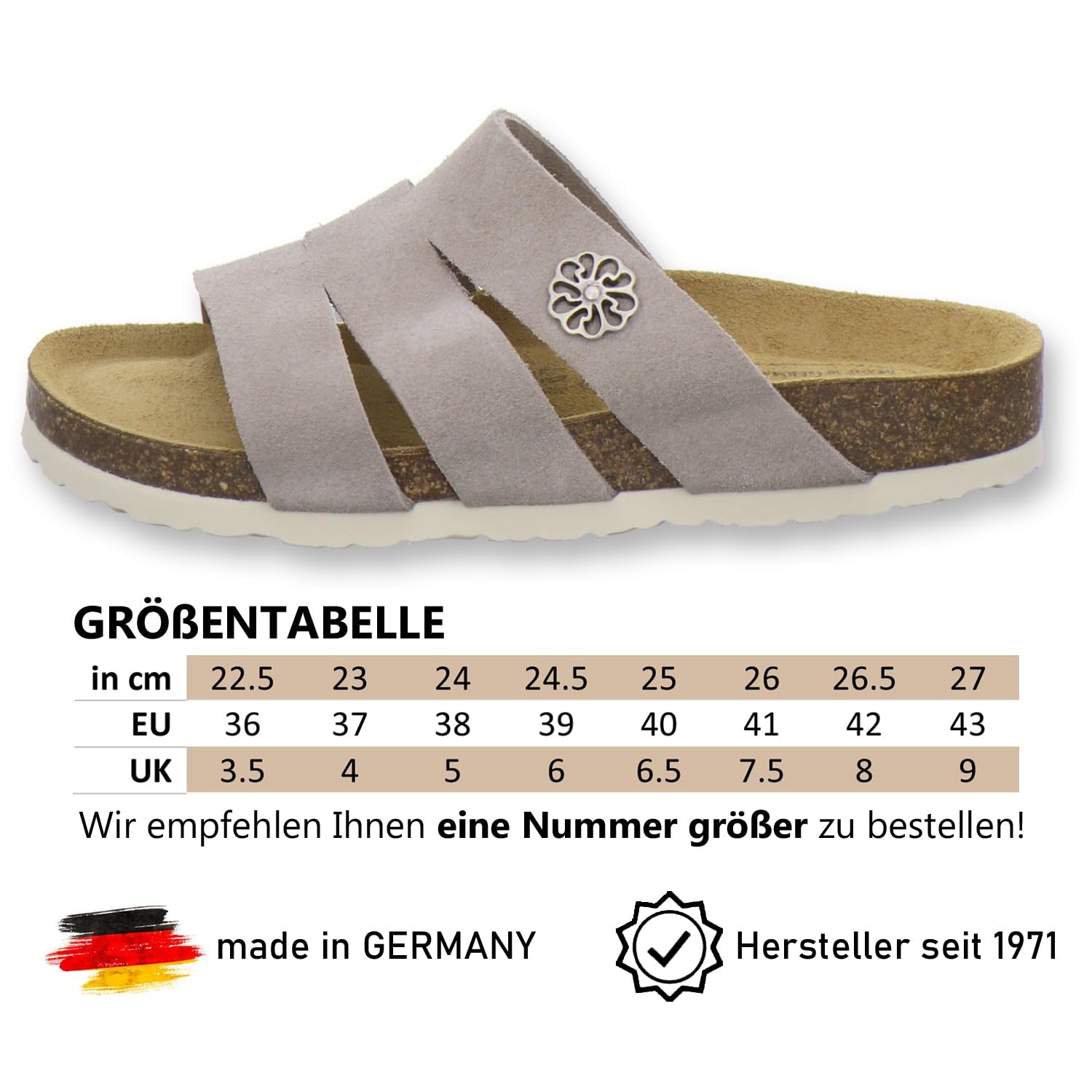 AFS-Schuhe 2113 Mules confortables pour femme en cuir véritable, chaussures de travail pratiques, pantoufles, fabriquées à la main en Allemagne