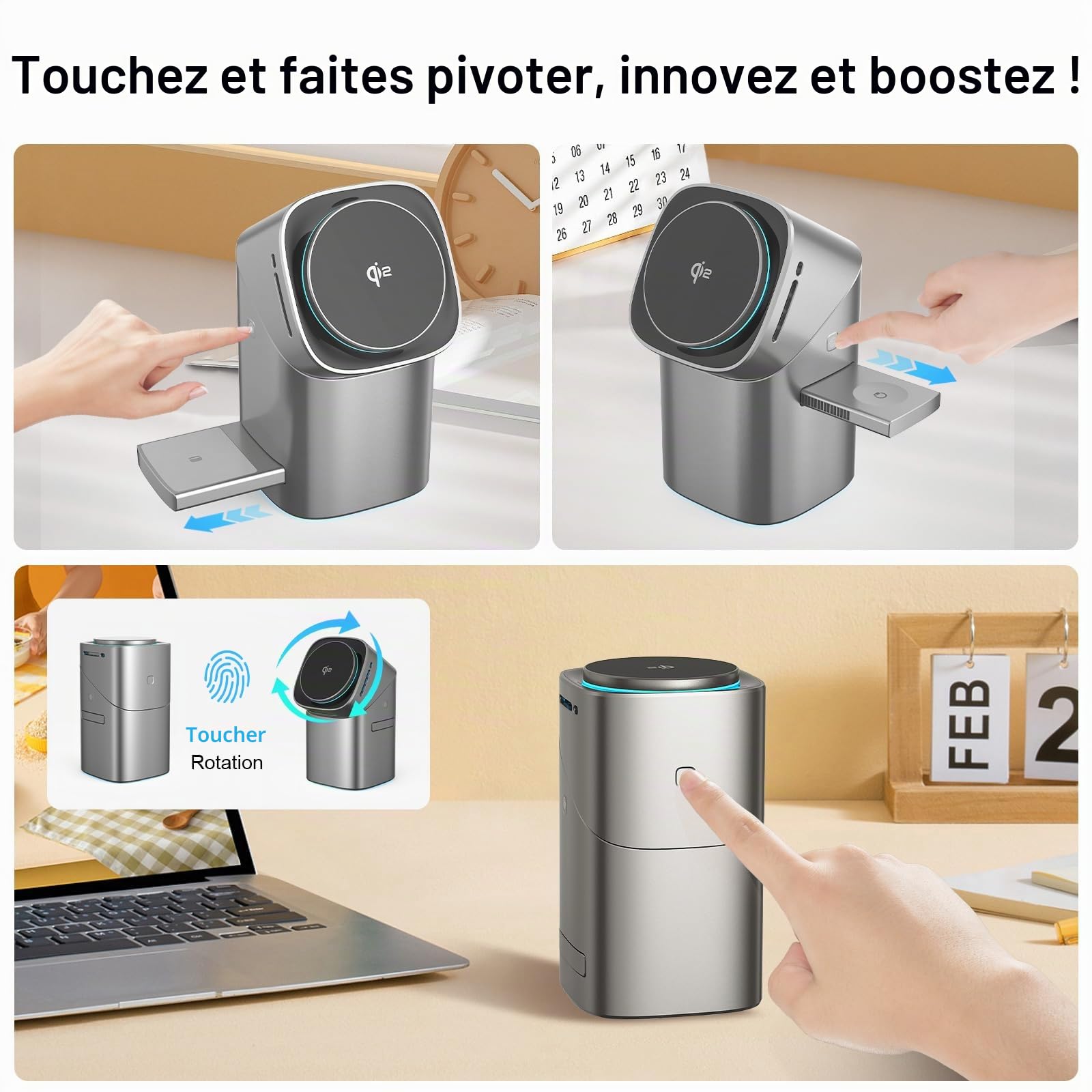 Station de Charge à Induction 3-en-1 QI2, Charge sans Fil, Prend en Charge la Charge Rapide, Support de téléphone Compatible avec iPhone, AirPods, iWatch, avec Ventilateur de Refroidissement Argent