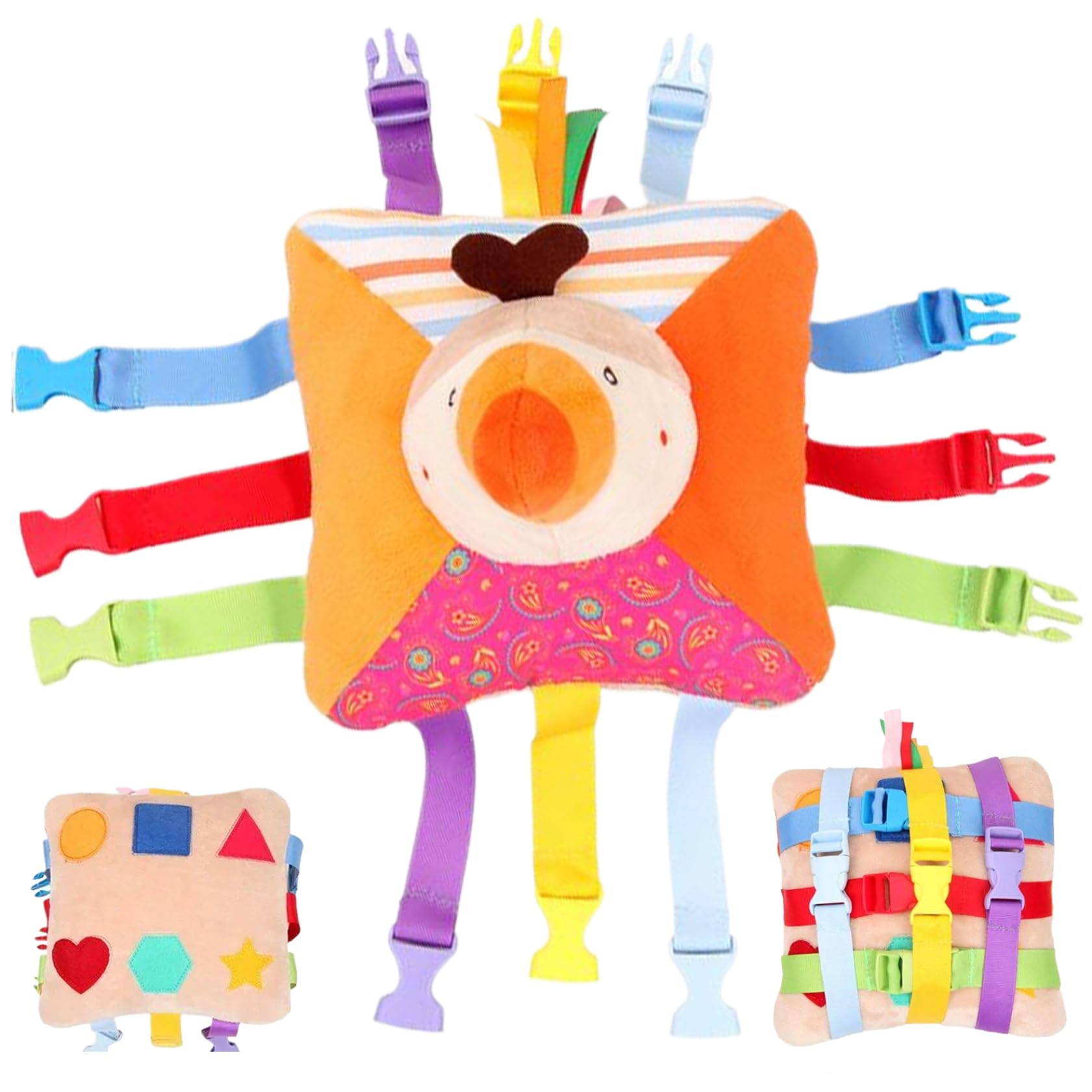 Jouets de Voyage pour Tout-Petits avec 6 Paires de Boucles, Jouet éducatif en Peluche à Motif d'oiseau avec Figure géométrique et Son Poche, activités motricité Fine pour Tout-Petits