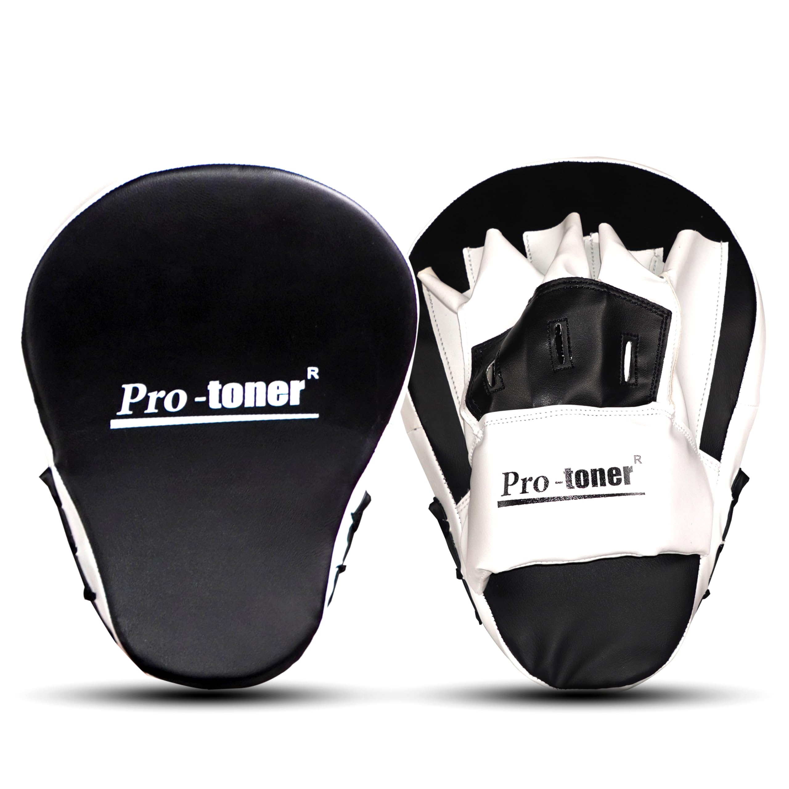 Pro-Toner Boxing Focus Pads, Curved Maya Hide Leather, Hook and Jab Target Hand Pads, Black and White (Black)-image-9