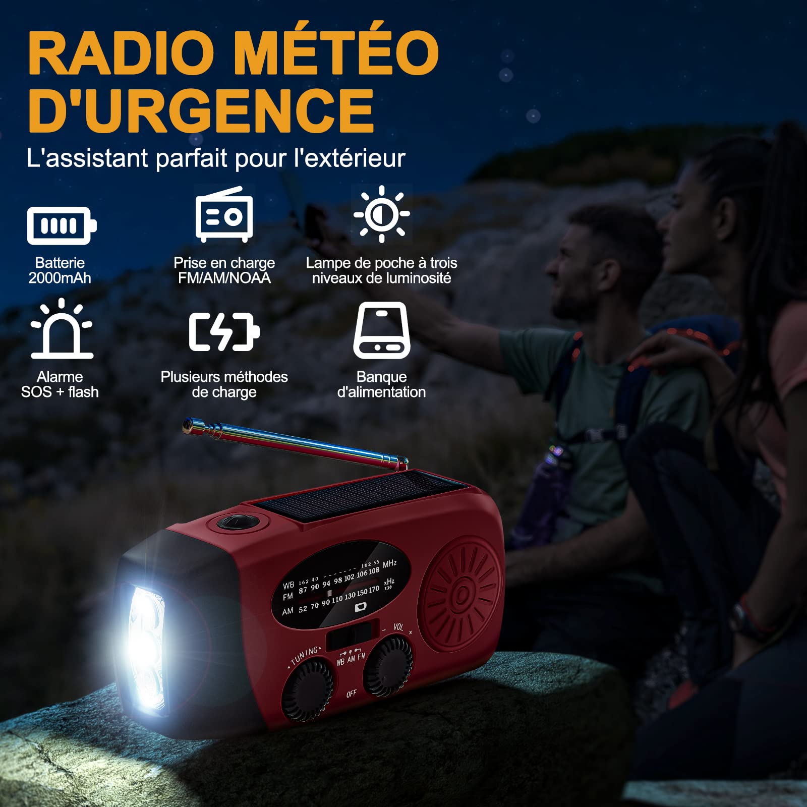 Radio Solaire Portable d'Urgence Météo 2000mAh Manivelle AM/FM/NOAA Dynamo IPX3 Charge Téléphone Lampe LED Alarme SOS Câble USB Randonnée Camping Rouge