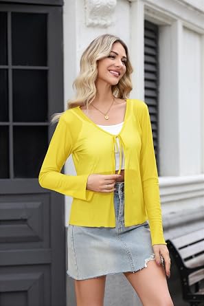 TASAMO Womens Sheer Shrug Tie Front Long Bell Sleeve Mesh Bolero Lightweight Summer Casual Shawl Top Cover Up