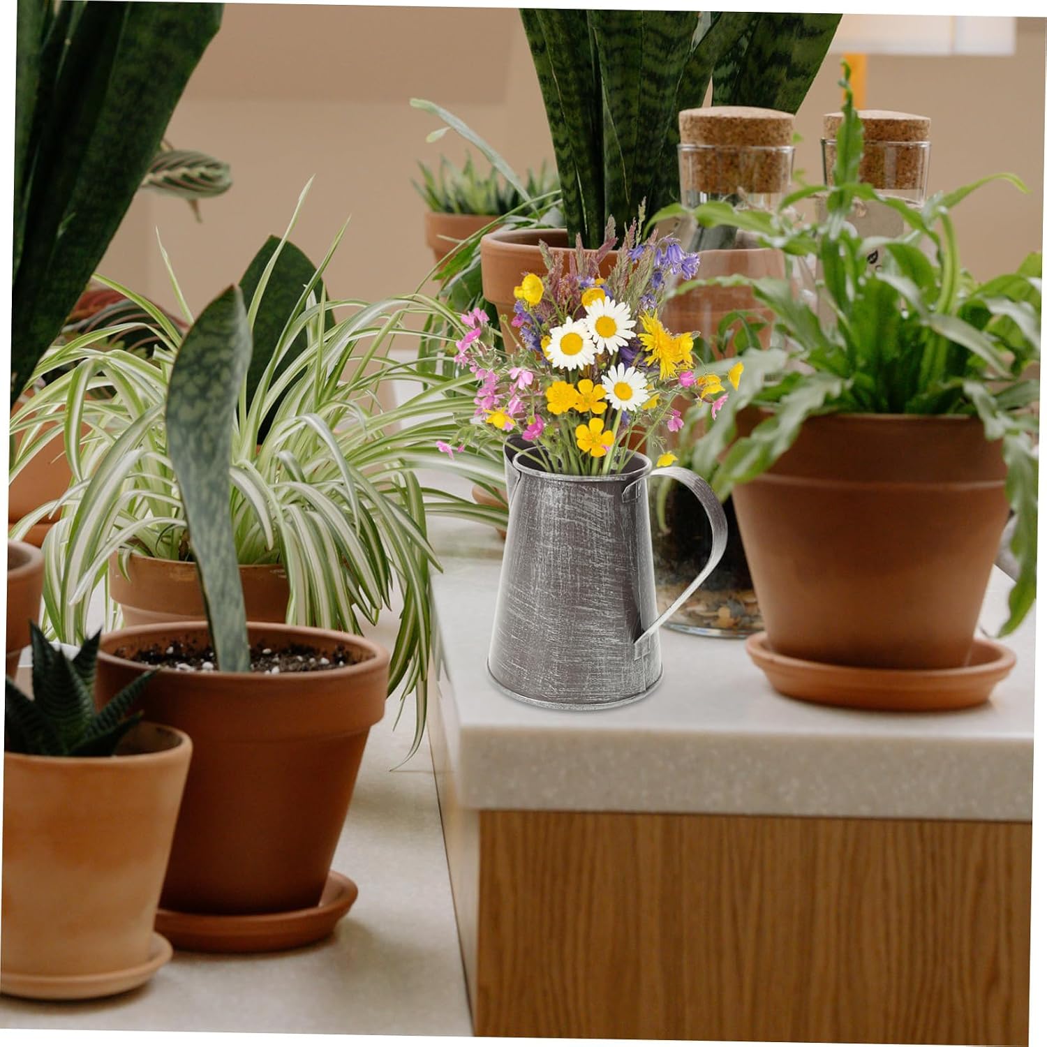 Retro Iron Pitcher Flower Holder with Handle for Arrangement