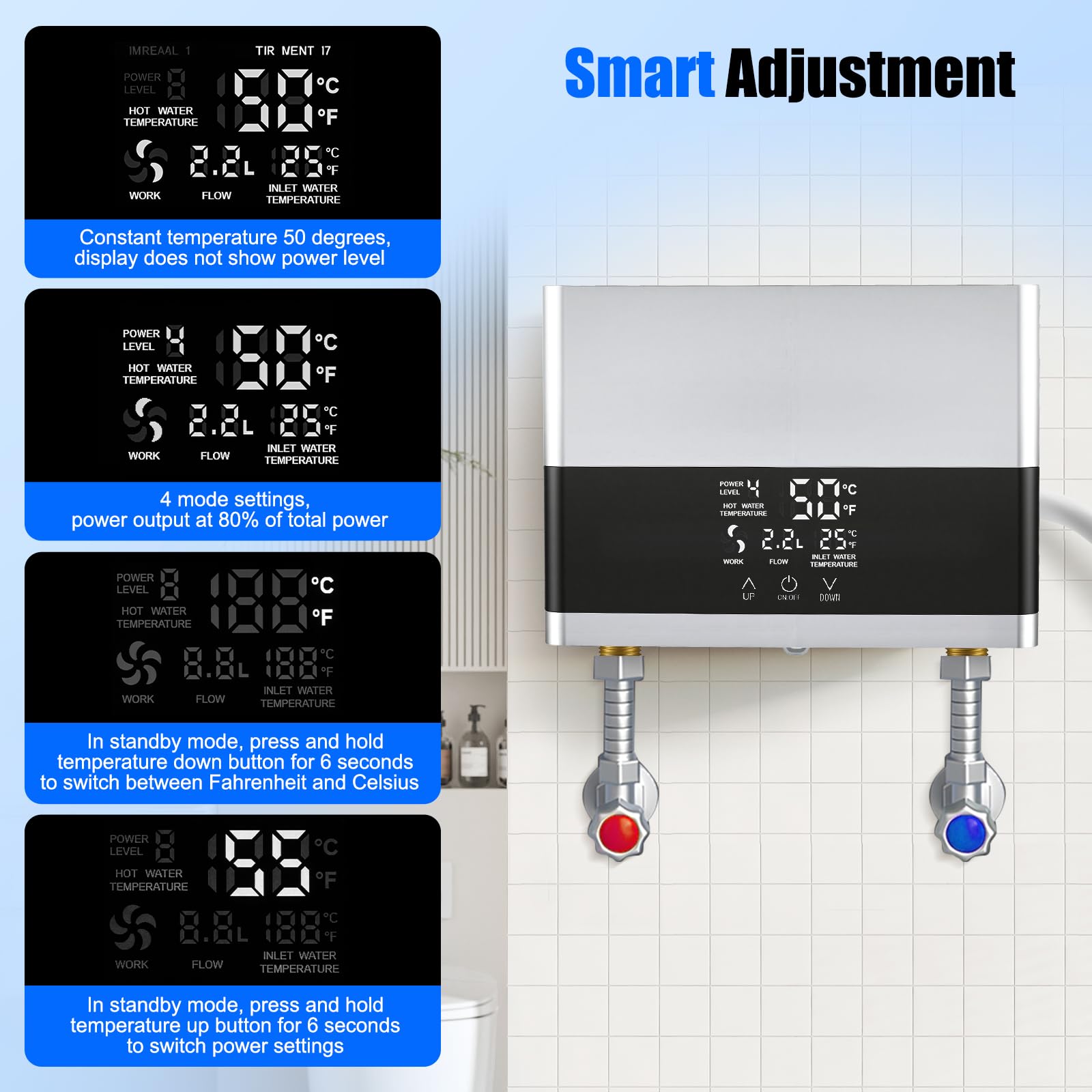 Scaldacqua istantanea da 6000 W, 230 V, con telecomando e display a LED, mini scaldabagno elettrico per doccia e cucina, con soffione doccia, protezione IPX4 per bagno e giardino (argento)