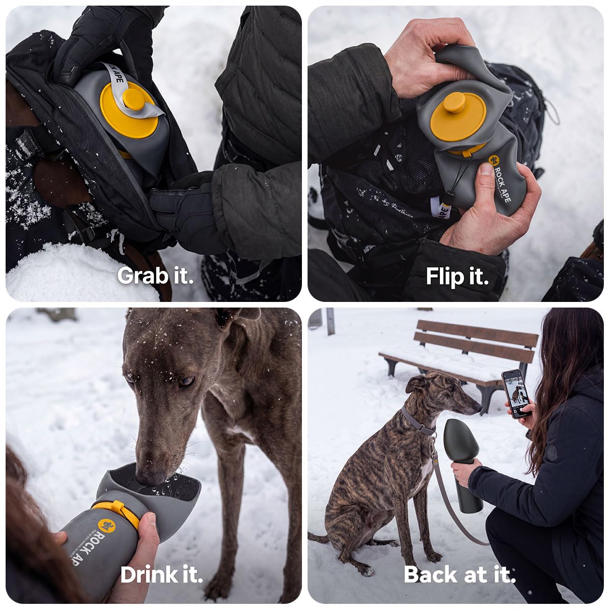 ROCK APE Botella de agua plegable de silicona para perros con cuenco, sin BPA, a prueba de fugas, operación con una sola mano, color gris