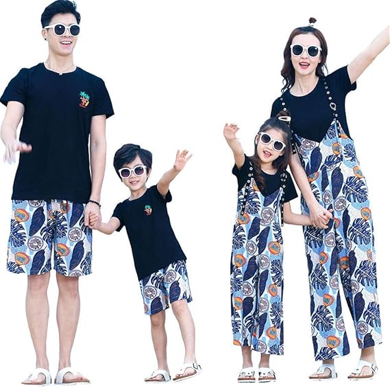 Amazon グードコ 親子服 半袖 プリントシャツ 短パンツ ショート丈 2点セット 親子お揃い ペアルック ママ パパ キッズ ビーチシャツ ボヘミアン風 オールインワン 旅行 Tシャツ カットソー 通販